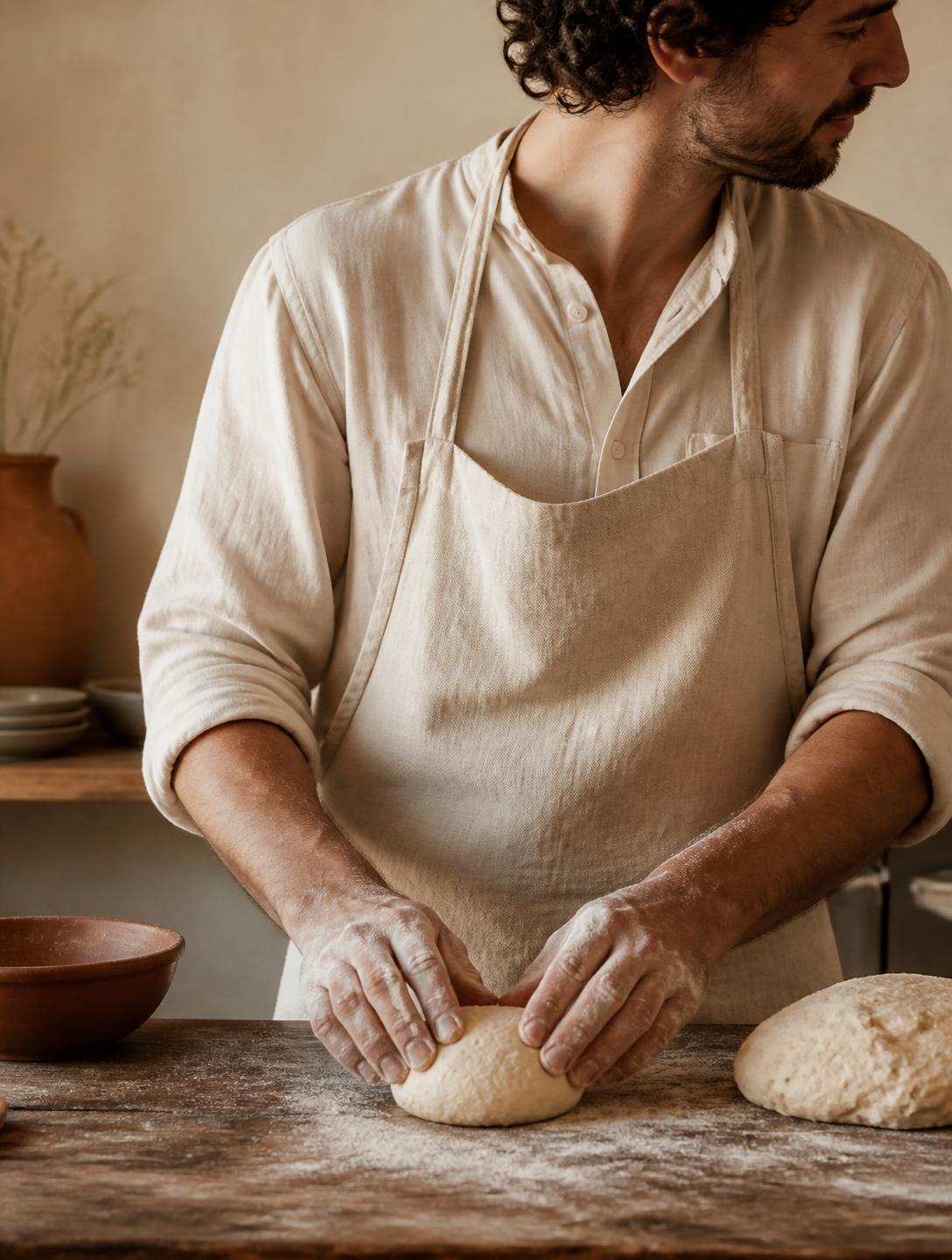 A baker in a linen apron shaping dough on a floured wooden bench