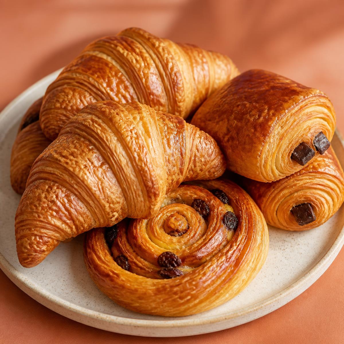 Croissants and pastries arranged on a cream plate